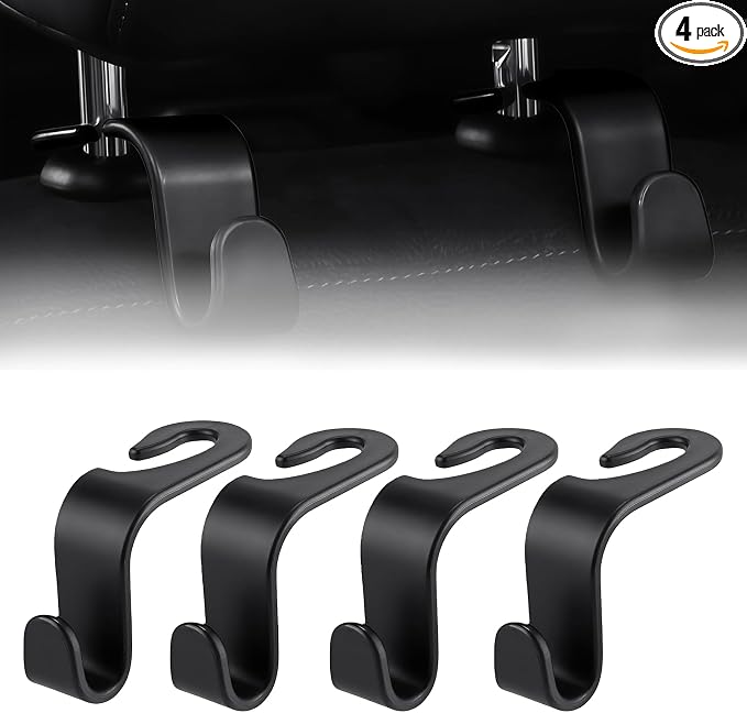 Purse Hook for Car, 4 PCS Car Purse Hook Headrest Hooks, 360° Rotatable Back Seat Storage Organizer, Universal Vehicle Seat Hanger for Purses, Handbags, Grocery Bags, Water Bottles, Black