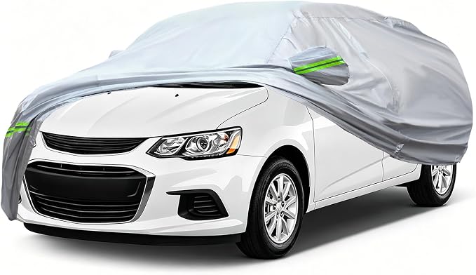 AUQDD 6-Layers Premium Sedan Car Cover Waterproof All Weather Weatherproof UV Sun Protection Snow Dust Storm Resistant Outdoor Exterior Custom Form-Fit Full Padded Car Cover with Straps 165"-181" K1