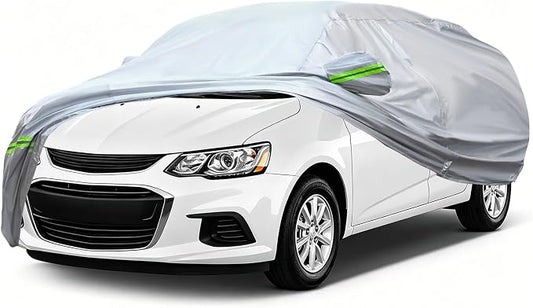 AUQDD 6-Layers Premium Sedan Car Cover Waterproof All Weather Weatherproof UV Sun Protection Snow Dust Storm Resistant Outdoor Exterior Custom Form-Fit Full Padded Car Cover with Straps 165"-181" K1