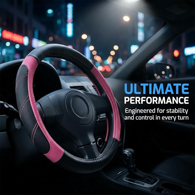 Osilly Car Steering Wheel Cover, 14.5-15" Leather Breathable Anti-Slip Stylish Steering Wheel Protector, Comfortable Auto Interior Decoration Accessories, Universal for SUV Van Truck (Black Pink)