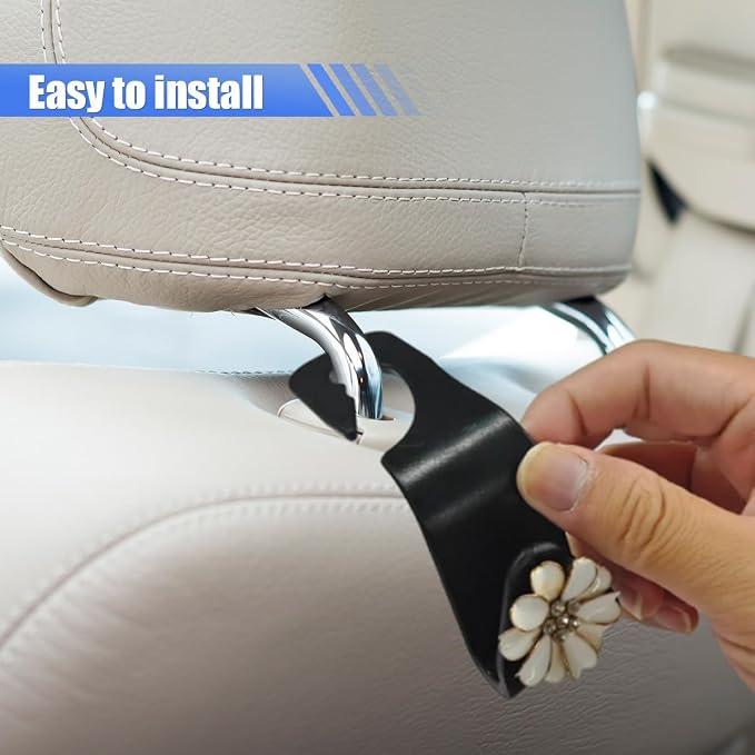 Craedli 2PCS Bling Car Seat Headrest Hook, Cute Rhinestone Flower Seat Back Storage Organizer Hanger Car Purse and Bag Hooks Holder, Universal Interior Accessories for Handbag Grocery Bag Coat (White)