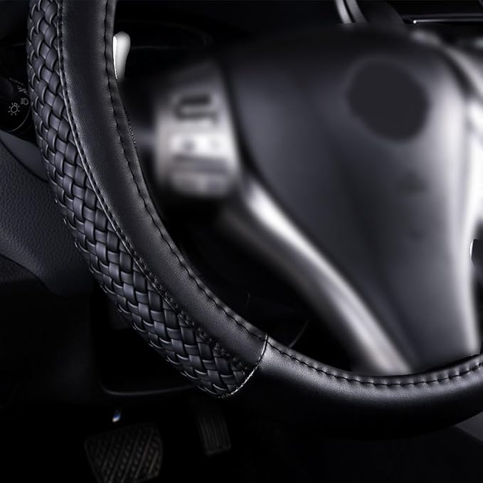 Flying Banner car Steering Wheel Cover Faux Leather Massage Universal fit 3D Honeycomb Hole Anti-Slip Sporty 15 Inches (Sliod Black Woven)