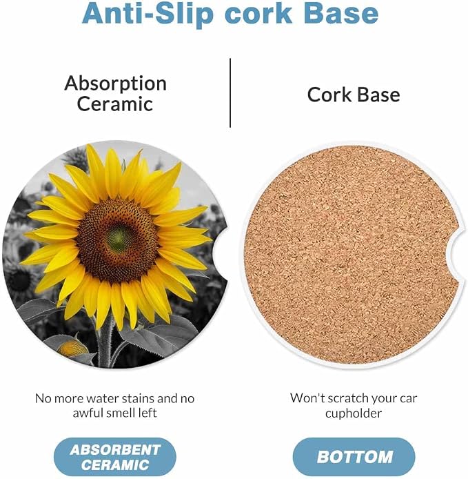 Bright Sunflower Car Cup Holder Coaster 2 Pack Absorbent Ceramic Car Coasters for Cup Holders Car Accessories Interior for Women Men Universal Anti Slip Cork Base Cup Coasters with Finger Notch