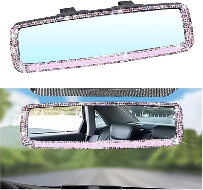 Bling Car Rear View Mirror, Rhinestones Crystal Clip-on Rearview Mirror with HD Glass, Compatible with Most Cars, SUVs, Vehicles, Auto Interior Accessories for Women Girl (Pink)
