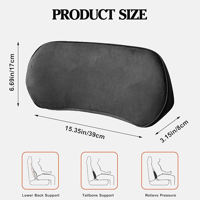 Car Lumbar Support Pillow, Memory Foam Vehicle Seat Lower Back Support Cushion,Comfortable Lumbar Pillow for Driving, Office Chair, Wheelchair, Universal for SUV, Truck, RV (Black)