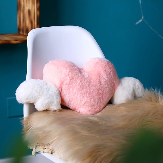 Macarrie 2 Pcs Plush Heart Shaped Pillow with Angel Wings Car Headrest Soft Comfortable Seat Pillow for Driving Travelling Room Office Car Decor, 19.7 x 8.3 Inch(White, Pink)