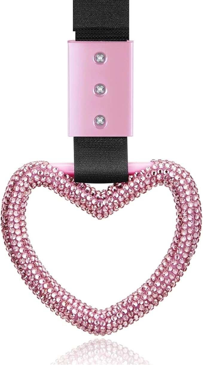 Fabbay Bling Car Accessories Bling Heart Handle Ring Car Accessory for Women Hand Strap Drift Charm Rear Bumper Warning Ring Decor for auto Bus Interior Exterior Decoration (Pink, Heart Style)