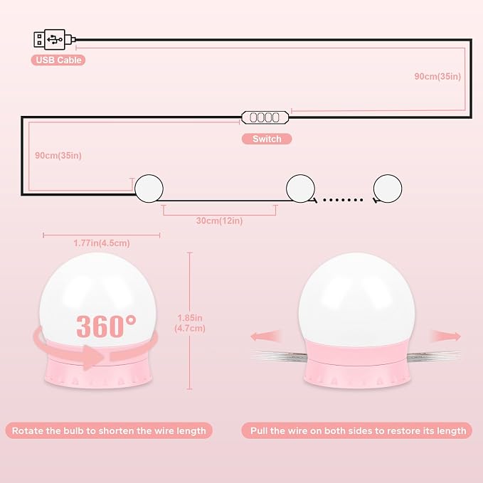 LED Vanity Lights For Mirror, Pink Vanity Light Stick on with 10 Dimmable Bulbs, 3000K 4000K 6500K & 10 Level Brightness Adjustable USB Cable Hollywood Mirror Lights for Makeup Dressing Room Bathroom