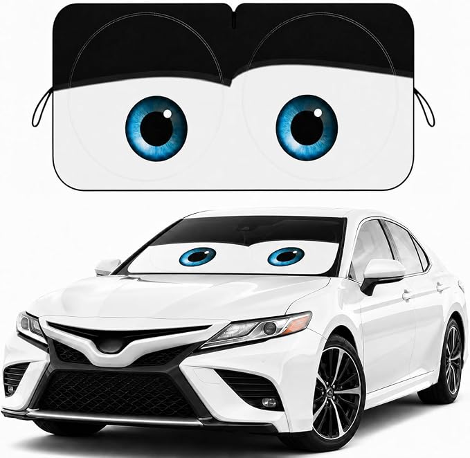 Car Windshield Sun Shade, Universal Fit Midsized Sedan SUV, Classic Black | 63 x 31.5" Windshield Cover, Foldable Front Window Sunshade, UV Heat Protection, Cute Eyes Series