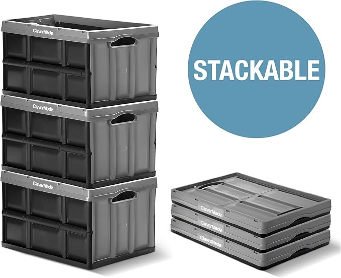 CleverMade Collapsible Plastic Storage Bins, 46L 3 Pack, Stacking, Obsidian | Built-in handles simplify garage, car and household organization, while the roomy open-top keeps bulky supplies accessible