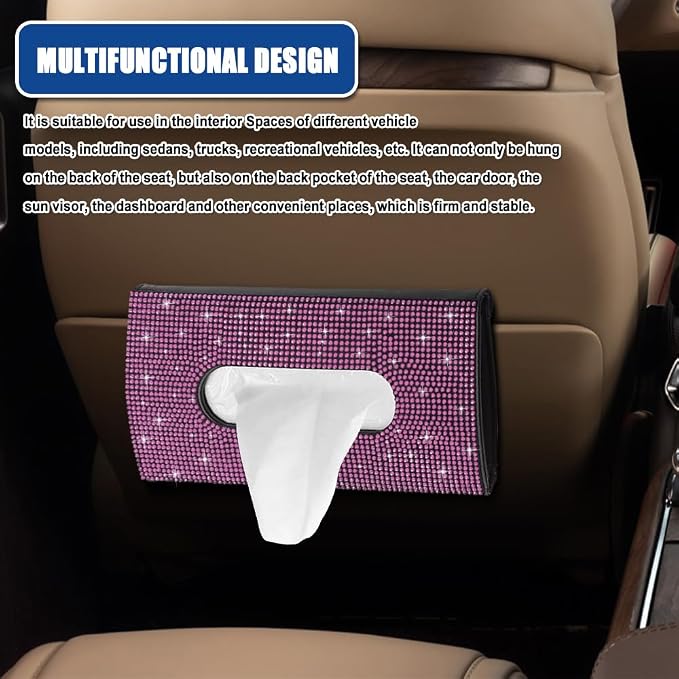 Bling Car Sun Visor Tissue Box Holder, Visor Accessories, Rhinestone PU Leather Crystal Sparkling Napkin Holder, Auto Sun Visor Paper Towel Cover Case Accessories for Most Cars (Pink)
