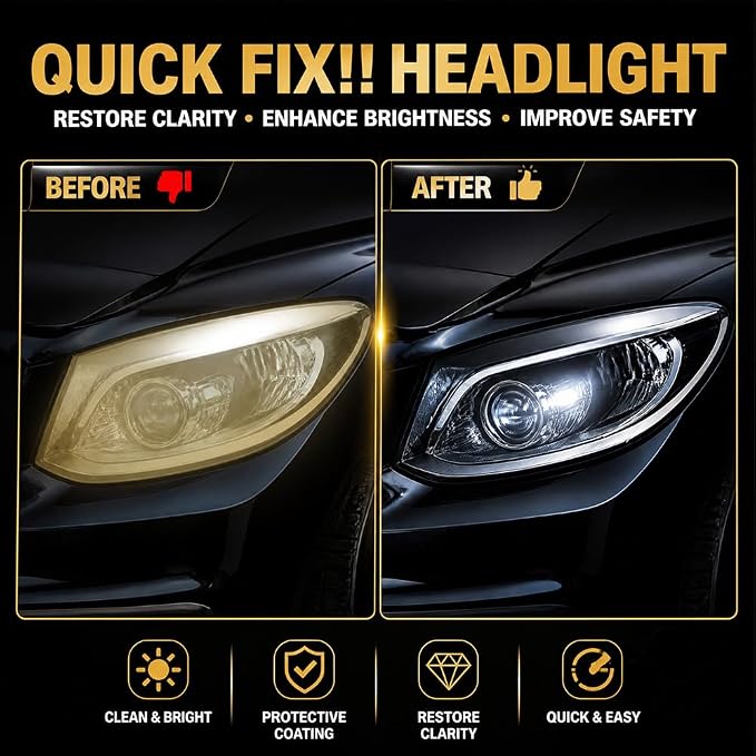Headlight Restoration Kit, Headlight Cleaner & Sealant - Pro Grade 10X Brighter Removes Yellow Haze & Cloudiness, Restore Headlights for Crystal Clear Lenses, Car Accessory for Night Driving Safety