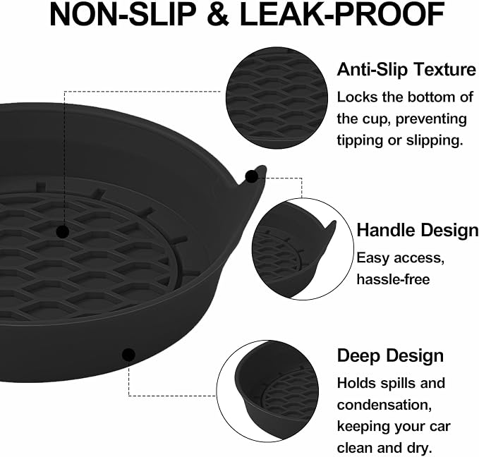 4 Pack Car Cup Holder Coaster, 3.15 Inch Non-Slip Silicone, Black | Cup holder insert, spill proof ,raised lip, honeycomb base, rinse clean, fits most sedans suvs trucks, automotive accessories