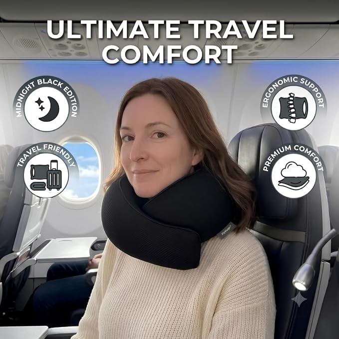 FlyHugz® Neck Travel Pillow Memory Foam Neck Pillow for Comfort on Airplane Compact and Ergonomic Design for Travel, Car Rides, and Home Use Ideal for Adults and Kids. (Midnight Black)