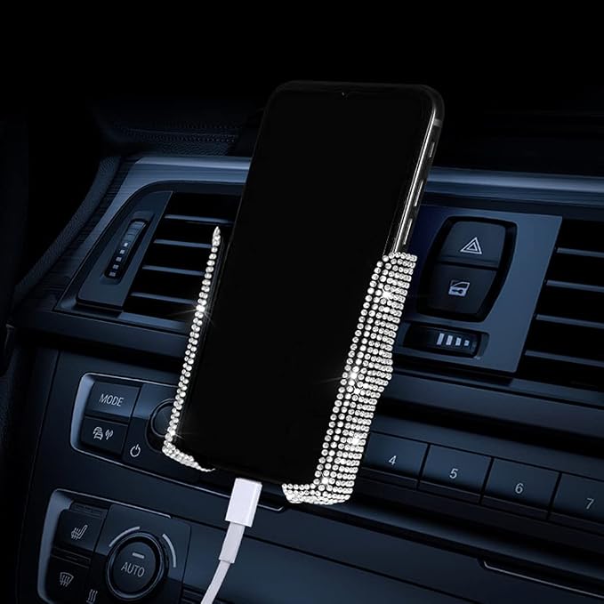 SUNCARACCL Bling Phone Holder for Car Vent, Diamond Cellphone Mount | 360 Degrees Adjustable Crystal Phone Stand With Rhinestone, Car Accessories for Women and Girls (White Dimond)