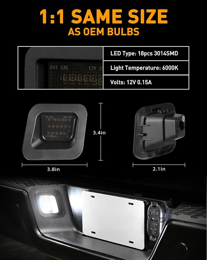 LESAUCE Full LED License Plate Light Tag Light For 2003-2018 Dodge RAM 1500 2500 3500 Pickup Truck, 6000K White, Smoke Lens, Tag Lamp Assembly Replacement, 2 PCS