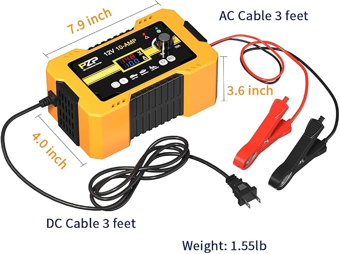 12V Automatic Car Battery Charger, 0-10A Arbitrarily Adjustable Smart Trickle Charger, Auto Desulfator with Battery Repair, Battery Maintainer with Winter Mode for AGM, Gel, Deep Cycle, Lead-Acid