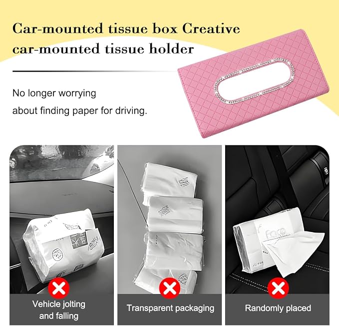 Bling Car Visor Tissue Holder, Crystal Rhinestones Vehicle Sun Visor Hanging Napkin Organizer Case with Ergonomic Take Out Port, Automotive Interior Tissue Dispenser, Universal Fit (Pink)