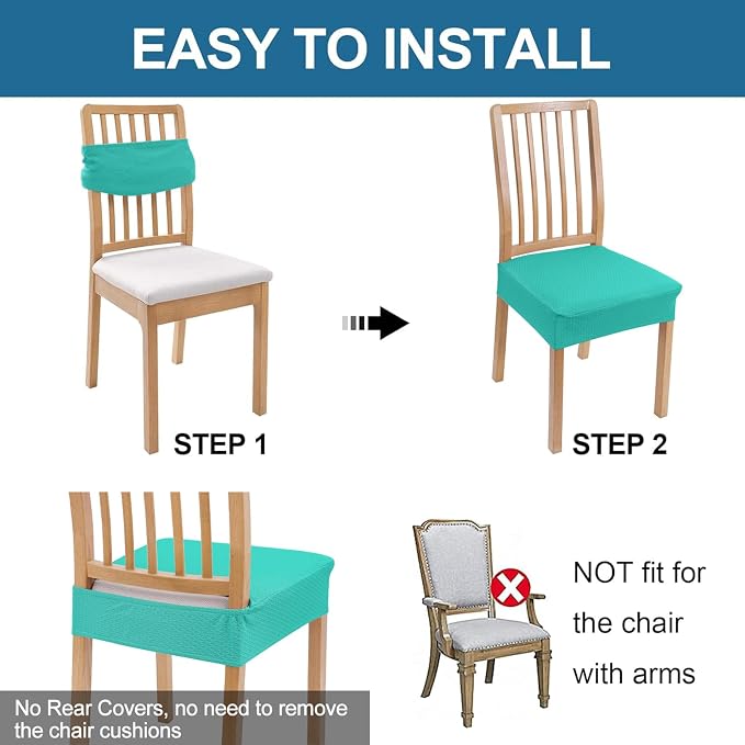 Smiry Waterproof Seat Covers for Dining Room Chairs Set of 8, Stretch Jacquard Removable Washable Chair Seat Slipcovers Protector, No Rear Covers, Teal