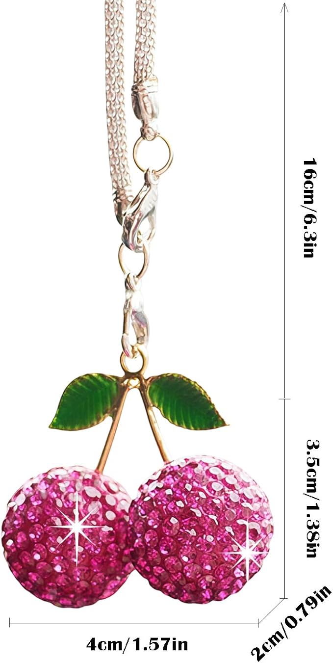 Bling Cherry Car Hanging Ornament, Cute Crystal Rear View Mirror Pendant, Sparkly Diamond Rearview Mirror Charms, Lucky Car Interior Decor Accessories (Purple)