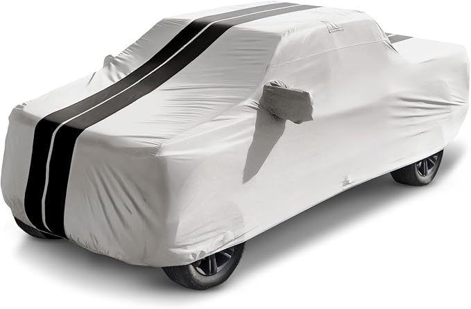 iCarCover Premium Heavy Duty Truck Car Cover - Waterproof All Weather Rain Snow UV Protection, F-150 Lightning, Ram 1500 TRX, Tundra, Silverado, Size T71 (See Size Chart), Stripe - Light Gray/Black