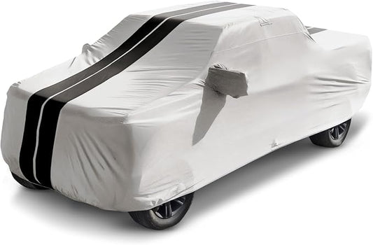 iCarCover Premium Heavy Duty Truck Car Cover - Waterproof All Weather Rain Snow UV Protection, F-150 Lightning, Ram 1500 TRX, Tundra, Silverado, Size T71 (See Size Chart), Stripe - Light Gray/Black