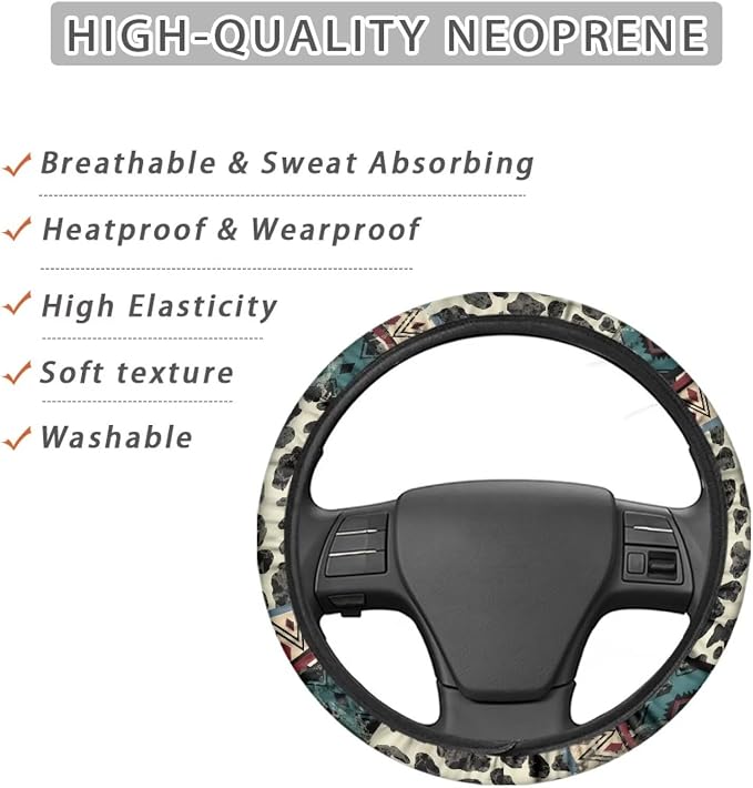 Wanyint Aztec Cow Print Beige Auto Steering Wheel Cover Universal 15 Inch Diameter Anti-Slip Neoprene Car Steering Wheel Protector for Women Men