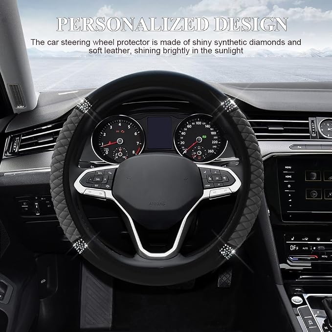 Bling Soft Leather Steering Wheel Cover, 15 Inch Colorful Rhinestones Auto Elastic Steering Wheel Protector for Women Girls, Car Accessories Anti Slip Steering Wheel Cover for Cars, SUVs (Gray)