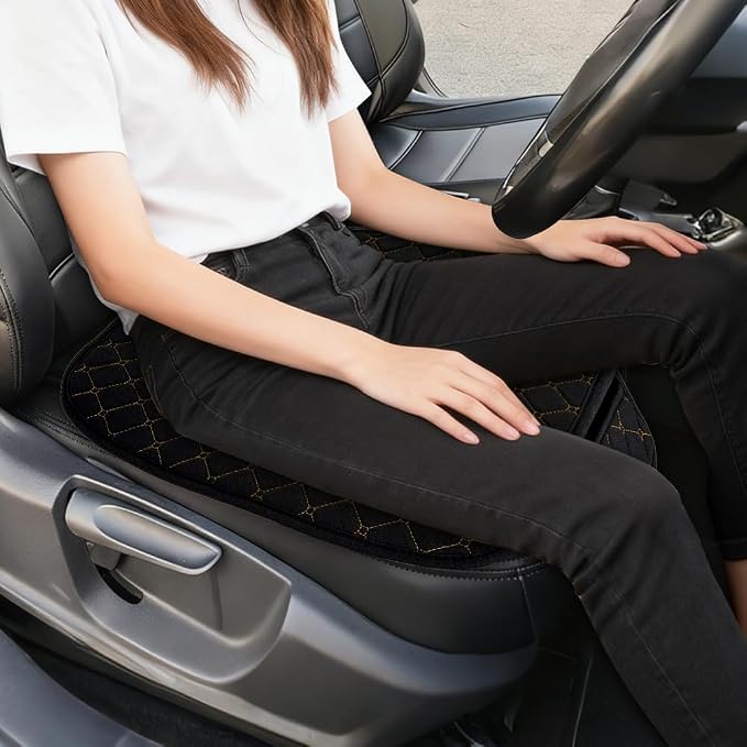 Leather Front Car Seat Cover, Anti-Slip Car Seat Bottom Covers, Full Wrapped Bottom Seat Protectors with Storage Pocket, Universal Comfortable Seat Cushion Fit Vehicles SUVs Trucks (K2-Black Gold)
