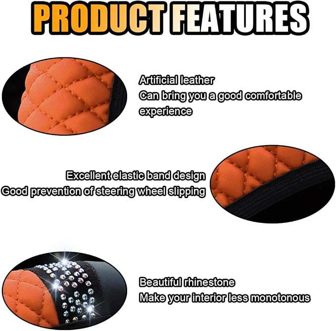 JOYCOURT 15 Inch Bling Soft Leather Car Steering Wheel Cover, Orange | Colorful Rhinestones Design, Auto Elastic Protector for Women Girls, Crystal Diamond Car Accessories for Most Cars, SUVs