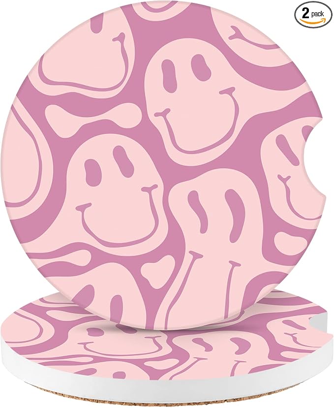Car Coasters,Purple Smily Absorbent 2 Pack for Cup Holders with Finger Notch,2.56 inches Ceramics Heat Resistant Anti Slip Cork Base Car Drinks Coasters Auto Cup Holder(Pink Smily)