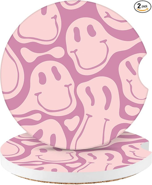 Car Coasters,Purple Smily Absorbent 2 Pack for Cup Holders with Finger Notch,2.56 inches Ceramics Heat Resistant Anti Slip Cork Base Car Drinks Coasters Auto Cup Holder(Pink Smily)