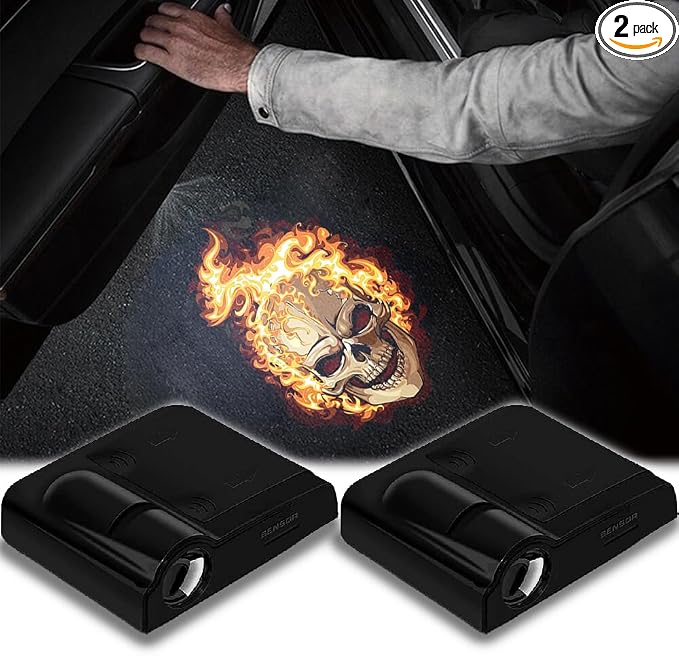 2pcs for Fire Skull 3D Magnetic Car Door Step LED Welcome Logo Shadow Ghost Light Projector Lamp fits All Car Models (Fire Skull) by DmStore