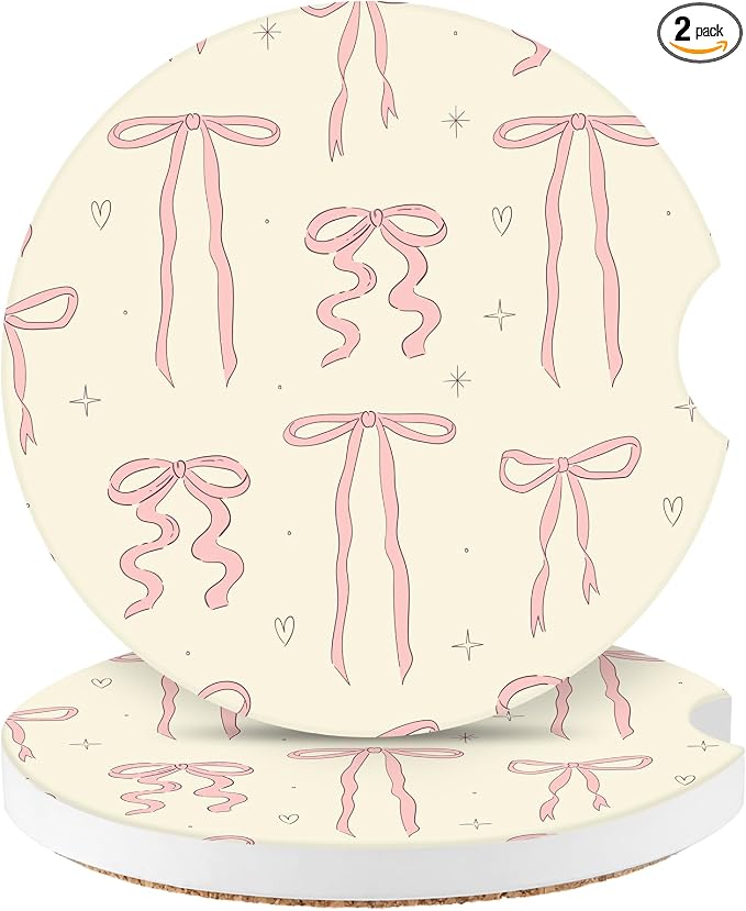 Cute Bowknot Car Coasters,Absorbent 2 Pack for Cup Holders with Finger Notch,2.56 inches Ceramics Heat Resistant Anti Slip Cork Base Car Drinks Coasters Auto Cup Holder