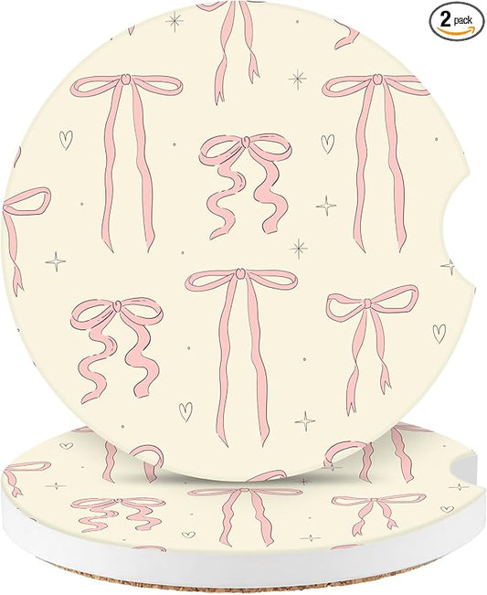 Cute Bowknot Car Coasters,Absorbent 2 Pack for Cup Holders with Finger Notch,2.56 inches Ceramics Heat Resistant Anti Slip Cork Base Car Drinks Coasters Auto Cup Holder