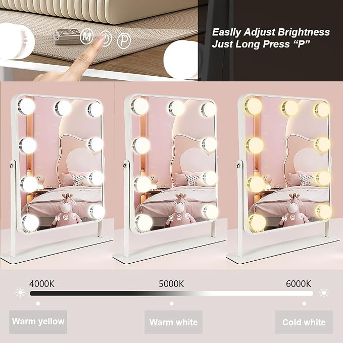 YEKKOPT Vanity Mirror with Lights,Lighted Makeup Mirror with 9 LED Bulbs, Light Up Makeup Mirror with Lights for Dressing Room & Bedroom,Smart Touch Control,360 Rotation
