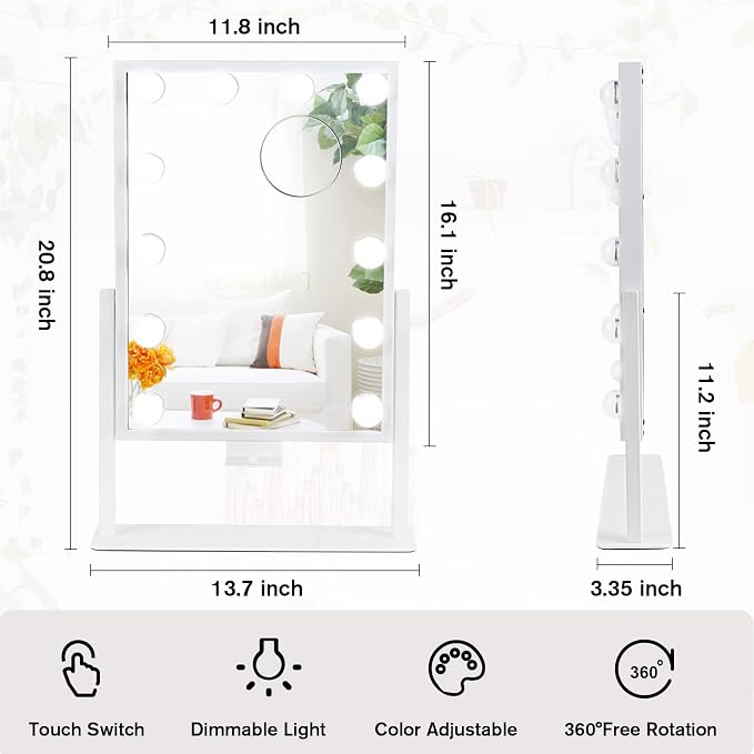 BWLLNI Vanity Mirror with Lights, Hollywood Lighted Makeup Mirror with Phone Holder, Smart Touch Control, 3 Color Lighting Modes, Detachable 10X Magnification, 360°Rotation(White)