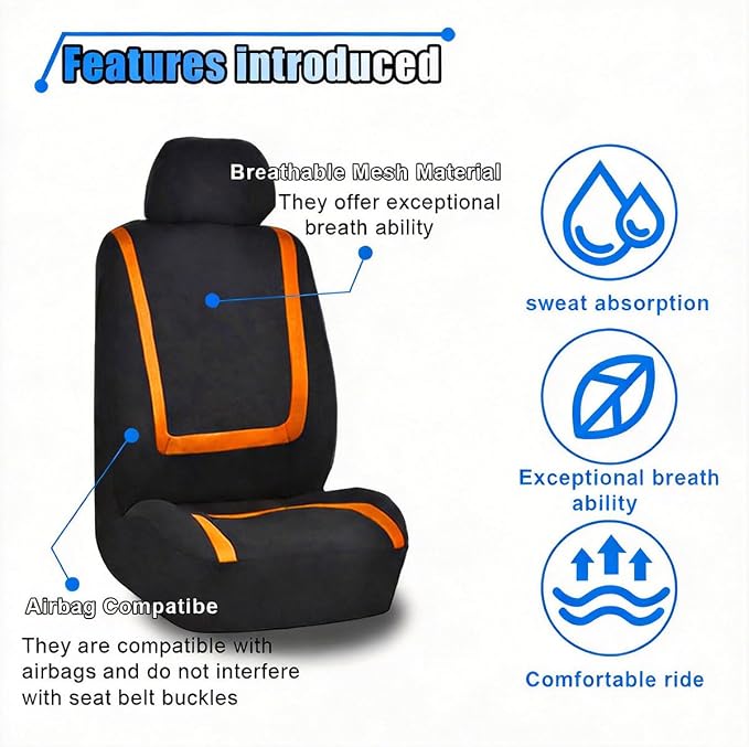 LAINLOY 2 Pack Car Seat Covers, Breathable Seat Protectors, Anti-Slip Driver Seat Cover, Comfortable Front Seat Cover Set Universal Fit for Truck, SUV, Sedan, Airbag Compatible (Black&Orange)