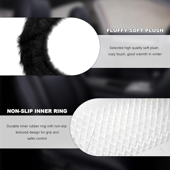Fluffy Steering Wheel Cover, 15 Inch Anti-Slip Microfiber Plush Fuzzy Steering Wheel Cover, Winter Warm Elastic Fuzzy Steering Wheel Covers for Women and Men, Car Accessories (Black)