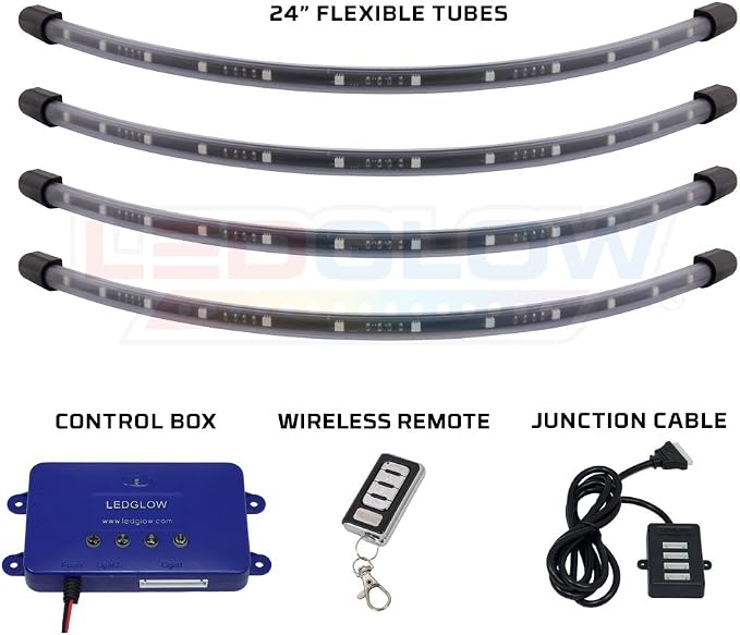 LEDGlow 4pc Million Color LED Golf Cart Underglow Kit Previous Gen Model | Accent Neon Lights Fit 12V EZGO Yamaha Club Car ICON, Multi-Color Water Resistant Flex Tubes, 18 Solid Colors, 22 Modes