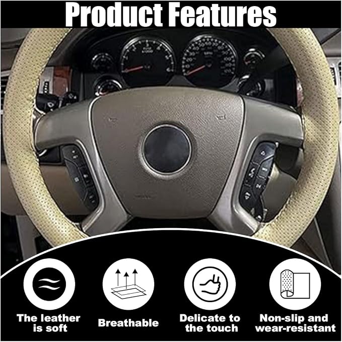 Car Genuine Leather Steering Wheel Cover, DIY Sewing with Needle and Thread, Breathable, and Anti-Slip, Universal 15 Inch Car Steering Wheel Stitching Wrap (Beige, Hole)