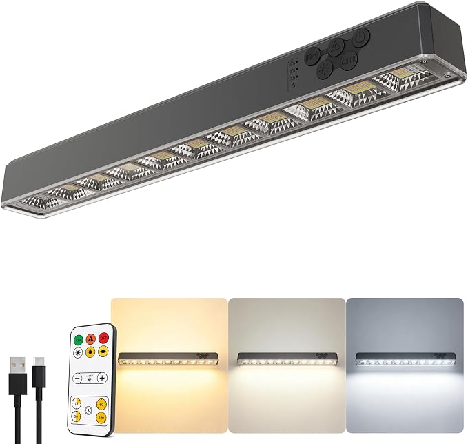 Rechargeable Magnetic Light Bar, 15.8 inch, 1500LM Portable LED Light with 10000mAh Battery, USB-C Charging, Remote Control & Timer, Dimmable & 3 Color Temps, Magnetic Mount, Hook & Battery Display