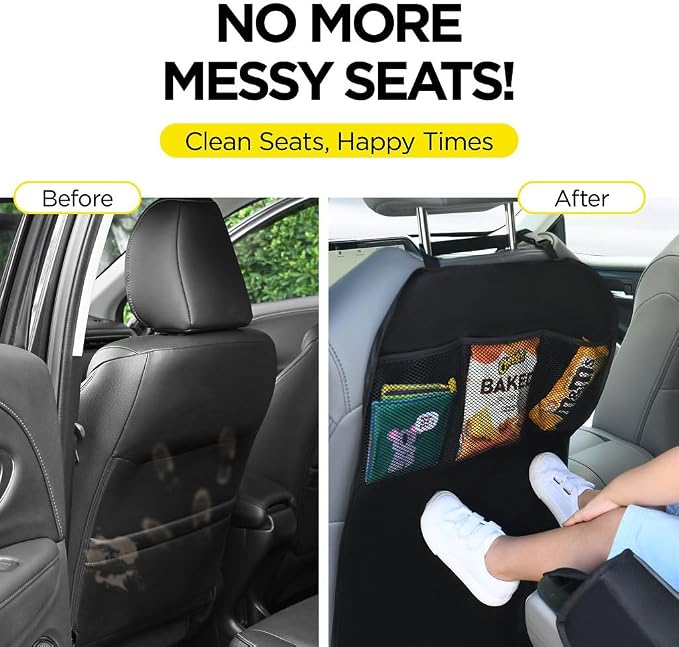 lebogner Back Seat Cover For Kids + 3 Pocket Storage Organizer, 2 Pack X-Large Waterproof Kick Mats Backseat Protector, Car Seat Back Protectors For Vehicles To Protect From Dirt, Mud & Scratches