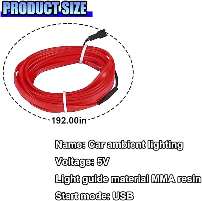 ZIMISI EL Wire Car Interior LED Strip Lights, Neon Light Strip (Red) | 5V 16FT Car Ambient Lighting Decorations with Sewing Edge, USB Electroluminescent Car Interior Lights with Fuse Protection