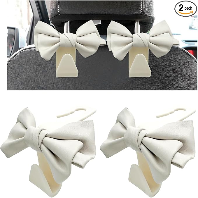 2 PCS Car Seat Headrest Hooks, Cute Bow Shaped Vehicle Backseat Purse Holder Storage Hook, Bow Knot Seat Back Hooks Hanging Organizer for Coat Umbrellas Grocery Bag (White)