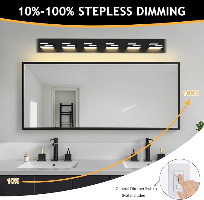 LED Modern Bathroom Vanity Light Fixtures, Dimmable Matte Black Vanity Lights for Bathroom Lighting Fixtures Over Mirror, with 360° Rotatable Acrylic Heads 6-Light 42-inch 5CCT