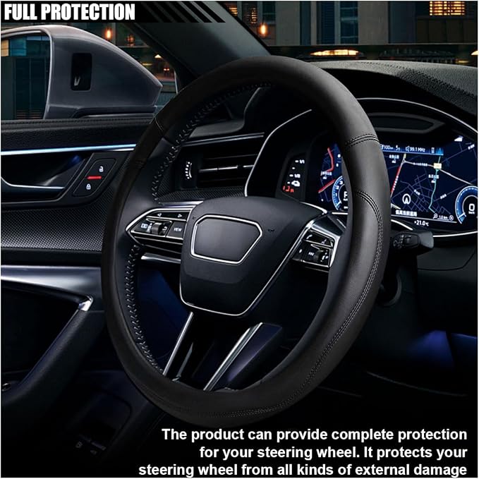 LAINLOY 15" Car Steering Wheel Cover, Microfiber Leather Cover, Black | Anti-Slip Breathable Steering Wheel Decoration, Universal Steering Wheel Accessories for Diverse Cars