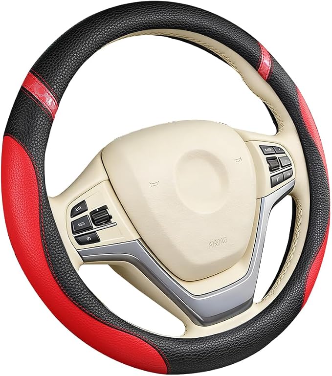 Car Steering Wheel Cover, Leather Anti-Slip Stretch Breathable Vehicle Steering Wheel Protector, Automotive Interior Protection Accessories for Men Women, Universal Fit (Black/Red)