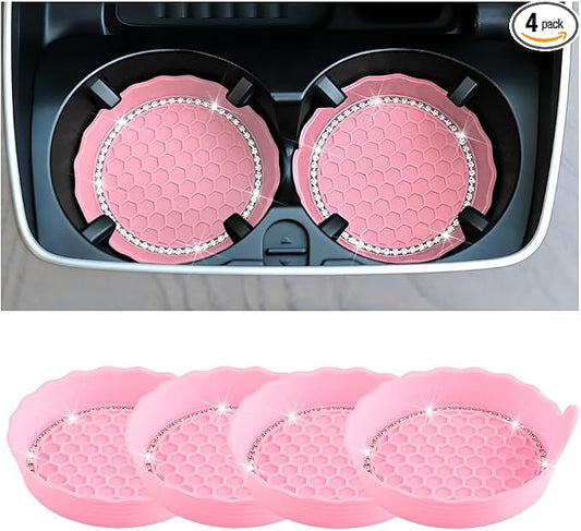 HZEL 4PCS Bling Car Cup Holder Coaster, Shiny Crystal Rhinestone Silicone Dustproof Drink Cup Insert Pad, Dazzling Automotive Interior Water Bottle Holder Embedded Mat, Universal Fit (Pink)