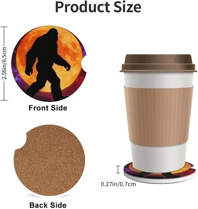 Bigfoot Moon Starry Sky Forest 2 Pack Car Cup Holder Coasters Absorbent Ceramic Drink Coasters 2.56" Anti Slip Cup Mat with Cork Base and Finger Notch Auto Accessories Interior for Women Men